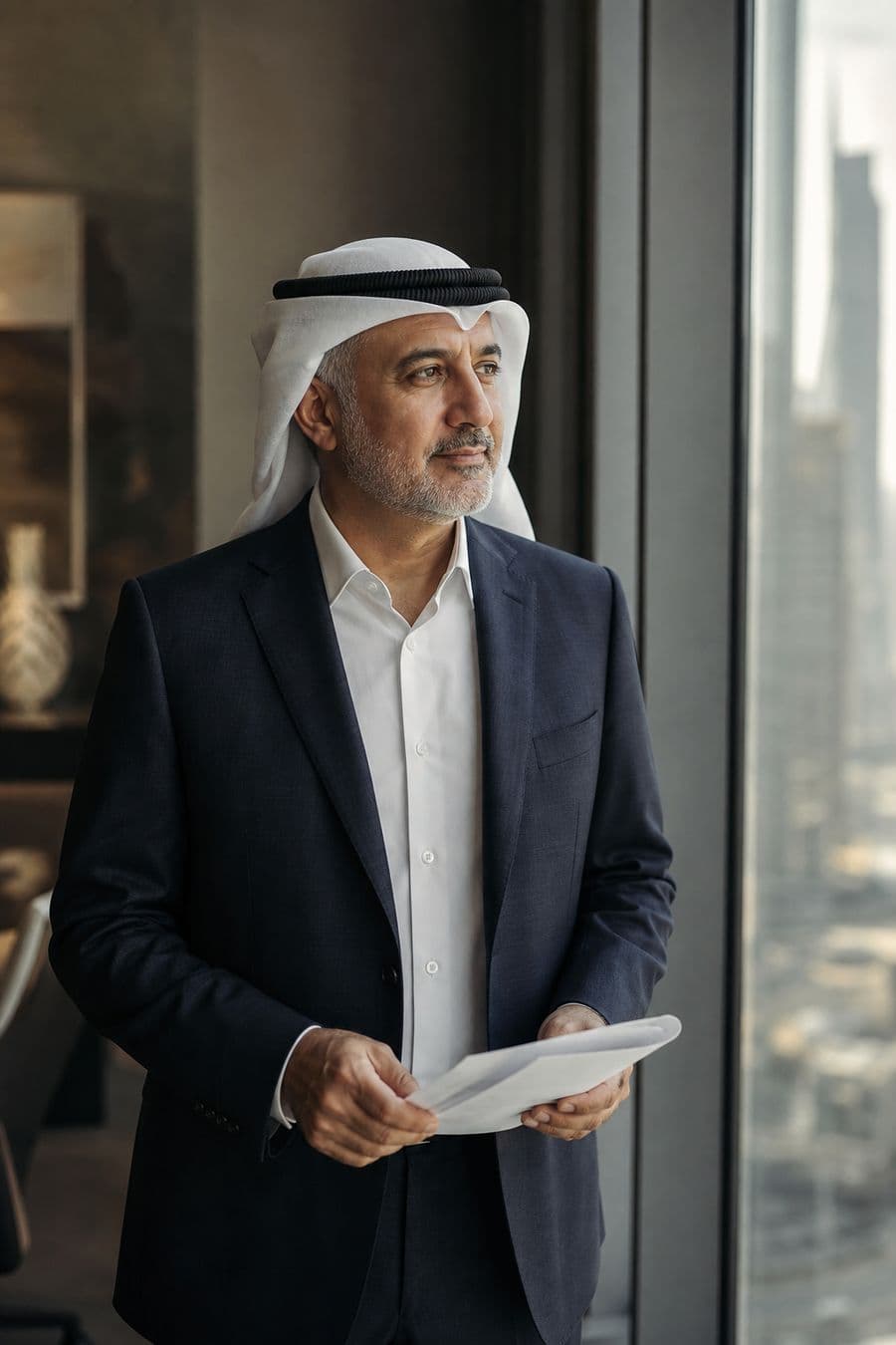A senior executive standing by an office window