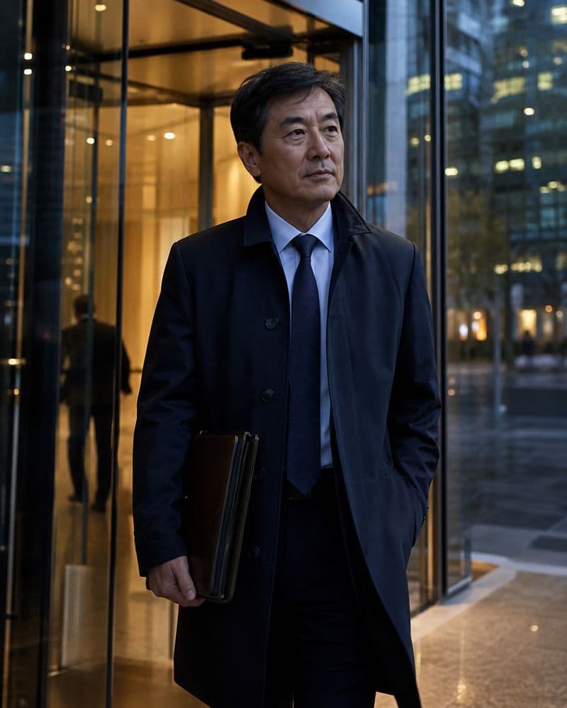 An executive walking out of a corporate tower lobby