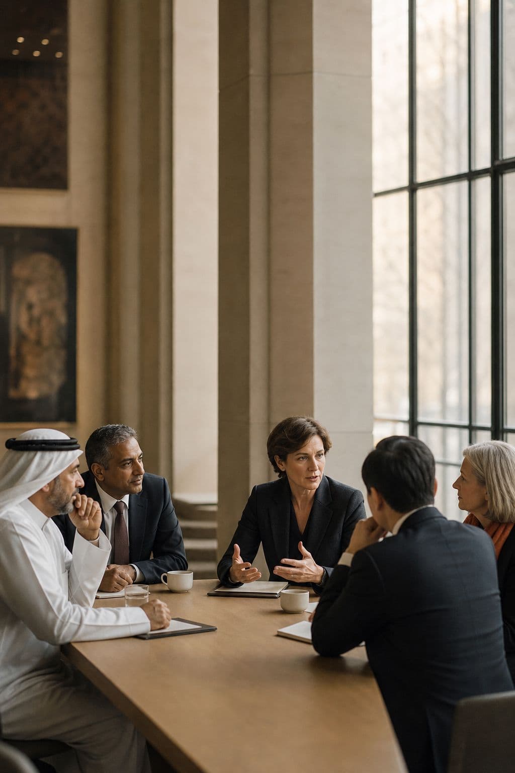 A peer forum of senior executives in conversation around a table